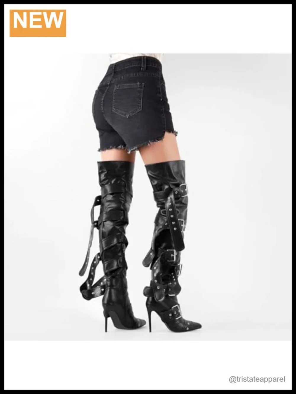 Over the Knee Stiletto Heeled Boots with Multi Buckle Straps, Pointed Toe Thigh
